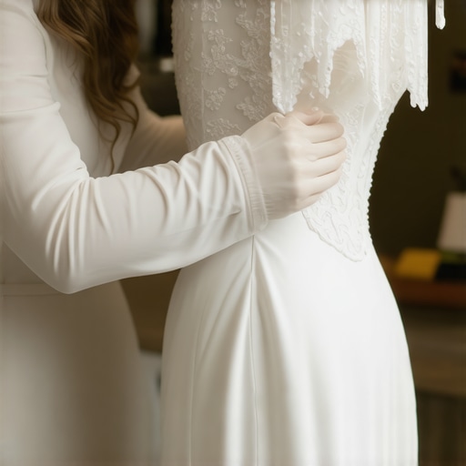 Vintage couture dress being carefully cleaned using eco-friendly solvents in a boutique.