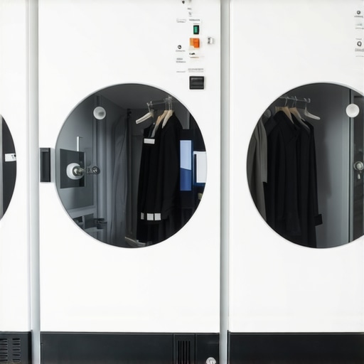 A modern eco-friendly dry cleaning shop showcasing green solvents and delicate fabrics on display