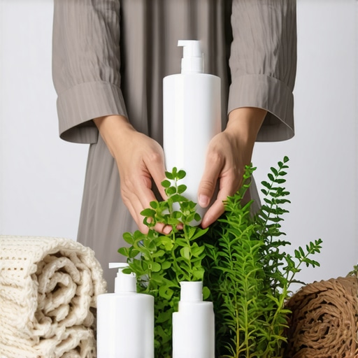 Person with eco-friendly cleaning products and natural fabrics in a green environment