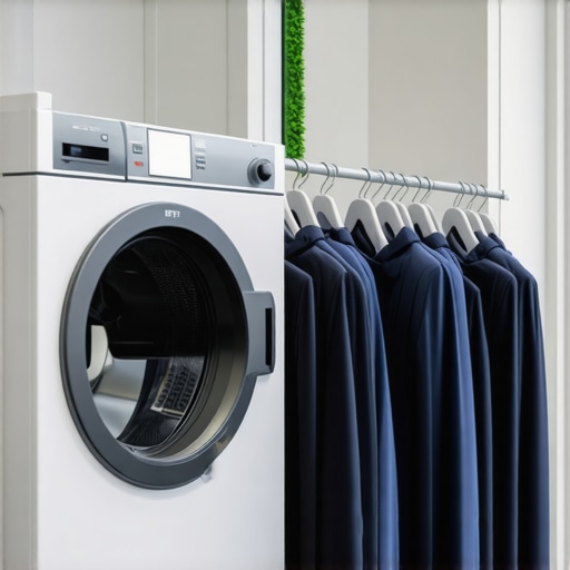 A high-tech eco dry cleaning machine gently cleaning delicate fabrics using ultrasonic technology in a sustainable facility