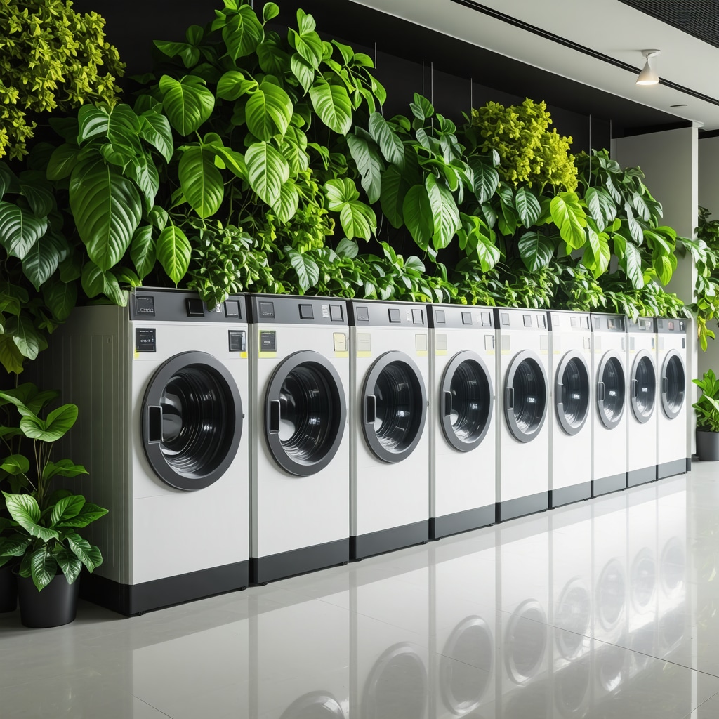 Modern dry cleaning machines using ultrasonic technology and plant-based solvents in a clean, eco-friendly facility.