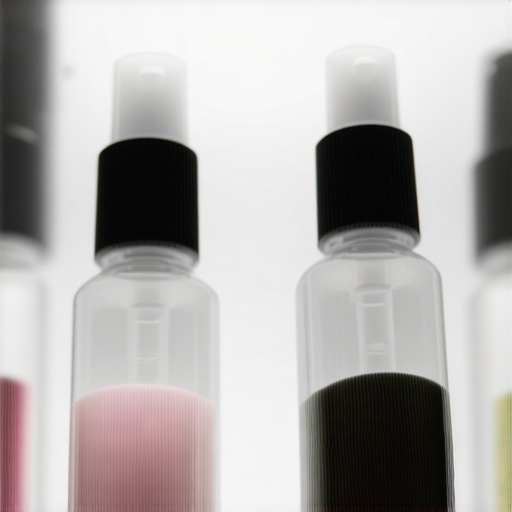 Close-up of eco-friendly plant-based solvents used in high-end garment cleaning, with modern dry cleaning equipment