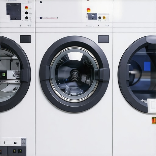 Eco-friendly dry cleaning machine using plant-based solvents with visible natural ingredients.