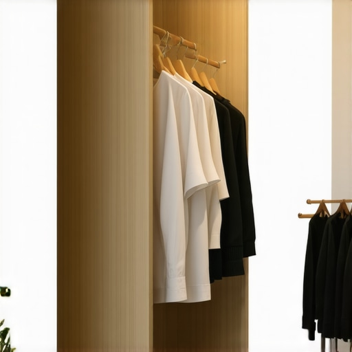 A sleek, eco-friendly wardrobe with organic cotton storage bags and natural pest control solutions.