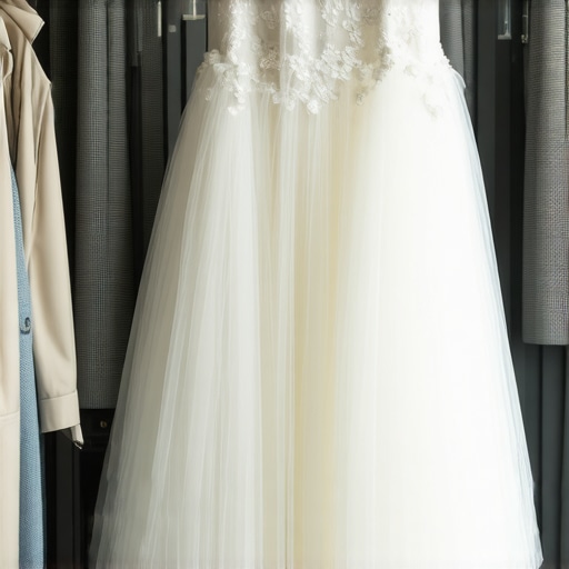 Wedding gown stored in eco-friendly breathable garment bag in dark closet for preservation