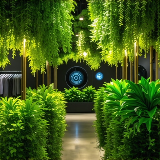 Modern eco-friendly dry cleaning plant surrounded by greenery, symbolizing innovation and sustainability.