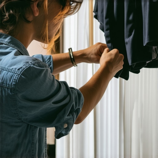 Person examining eco-friendly dry-cleaned clothing emphasizing fabric quality and sustainability