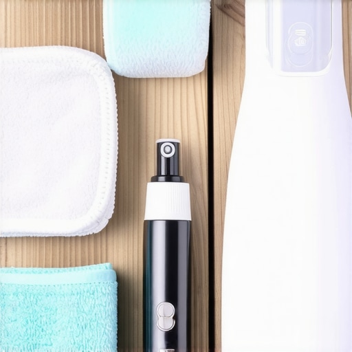 A set of natural laundry tools including microfiber cloth, plant-based stain remover, and fabric steamer arranged on a wooden table.
