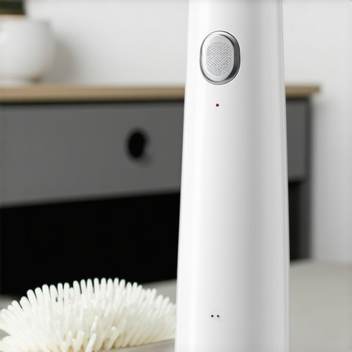 Eco-friendly Garment Care Tools for Sustainable Wardrobes A modern garment steamer and plant-based fabric brush on a green laundry table