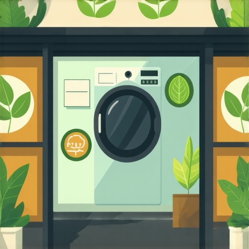 A modern eco dry cleaning shop with green symbols indicating non-toxic, chemical-free services.
