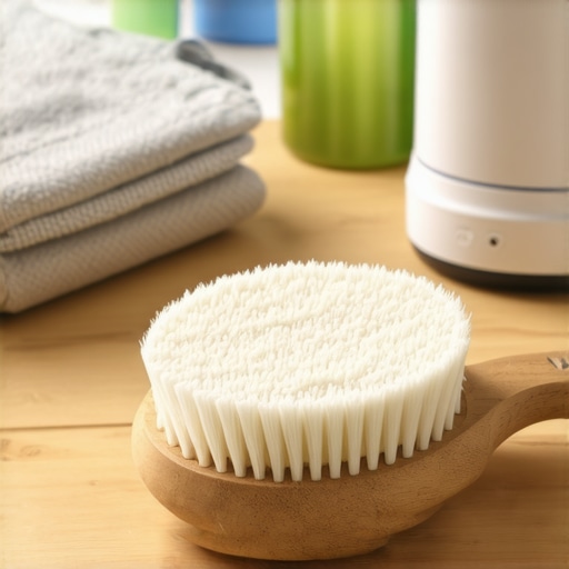 Eco-Friendly Garment Care Tools in Use Close-up of a natural fabric brush and portable garment steamer surrounded by eco-friendly cleaning products on a wooden table