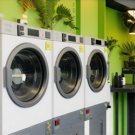 Interior view of a green eco-friendly dry cleaning shop with modern machines