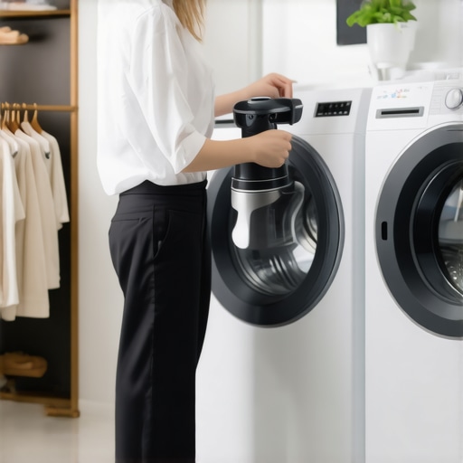 Person steaming clothes with a portable device and disinfecting fabrics using UV-C light in a clean, modern laundry space