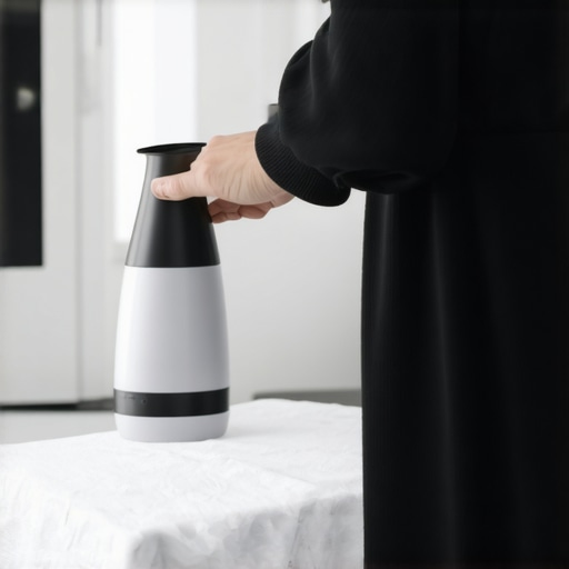 Close-up of a person steaming delicate fabric with a portable garment steamer, emphasizing eco-friendly laundry practices.