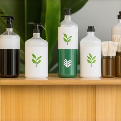 Interior of an eco dry cleaner with plant-based cleaning products and signage indicating green and non-toxic practices.