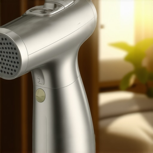 A high-quality portable garment steamer steaming delicate fabric in natural light.