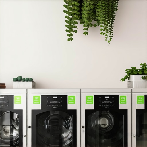 Eco-friendly dry cleaning facility with green labels, emphasizing sustainability