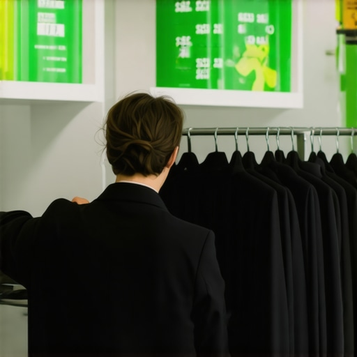 Customer dropping off garments at eco-friendly dry cleaning service with green signage and eco-friendly cleaning products.