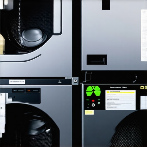 Detailed image of eco dry cleaning machines with labels highlighting green technology and filtration systems