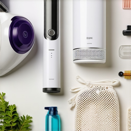 A collection of natural fabric care tools including a steamer, ozone freshener, and mesh laundry bags.