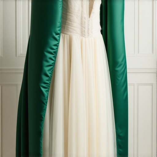 Wedding gown inside a green garment bag during eco-friendly cleaning process