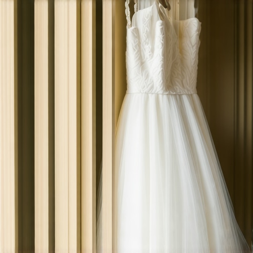 Wedding dress stored in biodegradable packaging with natural elements.