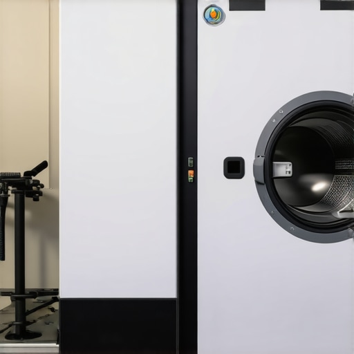 A state-of-the-art eco-friendly dry cleaning machine utilizing plant-derived solvents in a clean, professional setting